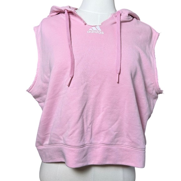 adidas Tops - Adidas Pink Sleeveless Cropped Hoodie 3-Stripes Distressed Womens Large